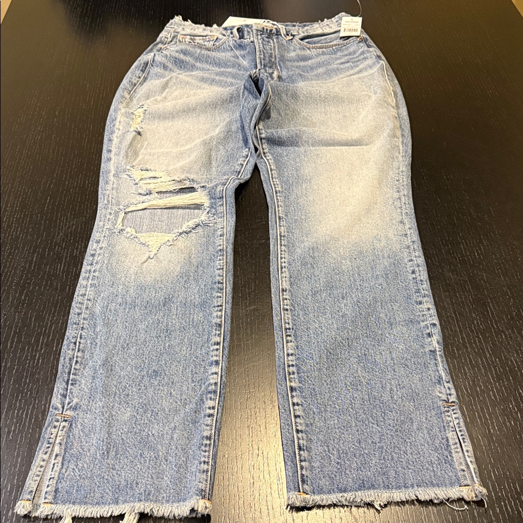 Good American Good Boy Frayed Light Blue Distressed Straight Leg Jeans